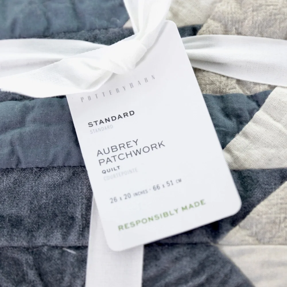 NWT Pottery Barn Aubrey Velvet Patchwork Quilted Shams - (2) Standard Blue Tan